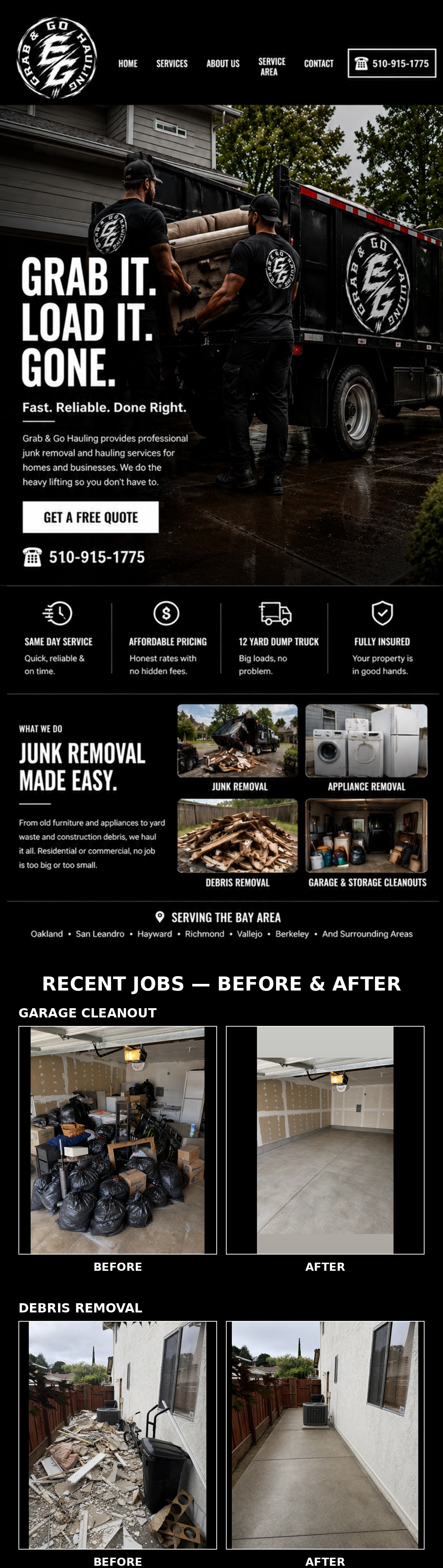 Grab & Go Hauling website with before and after jobs